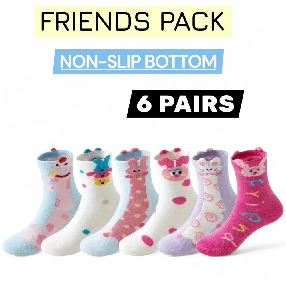 Girls Grip Anti-slip Animal Whimsical Funny Cartoon Crew Cotton Socks 3-5 YO 6pk